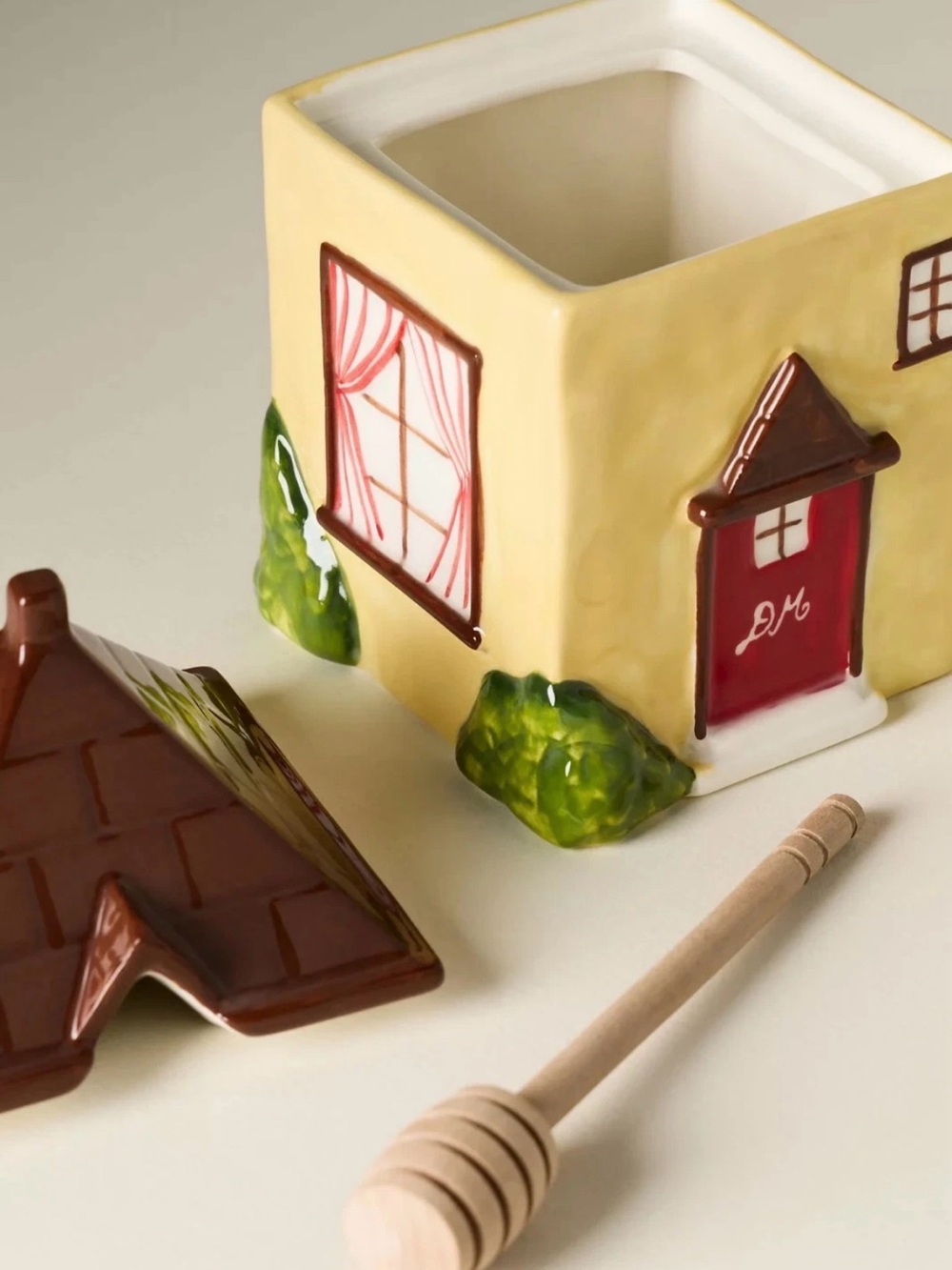 Anthropologie Yellow Ceramic House Honey Pot with Red Door and Brown Roof